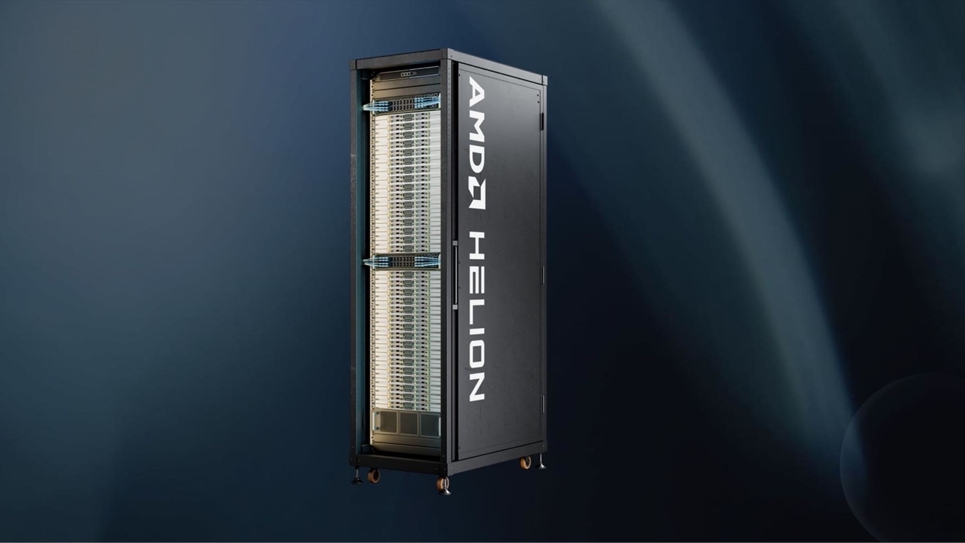 A black server rack branded AMD Helion, door open to show rows of compute nodes