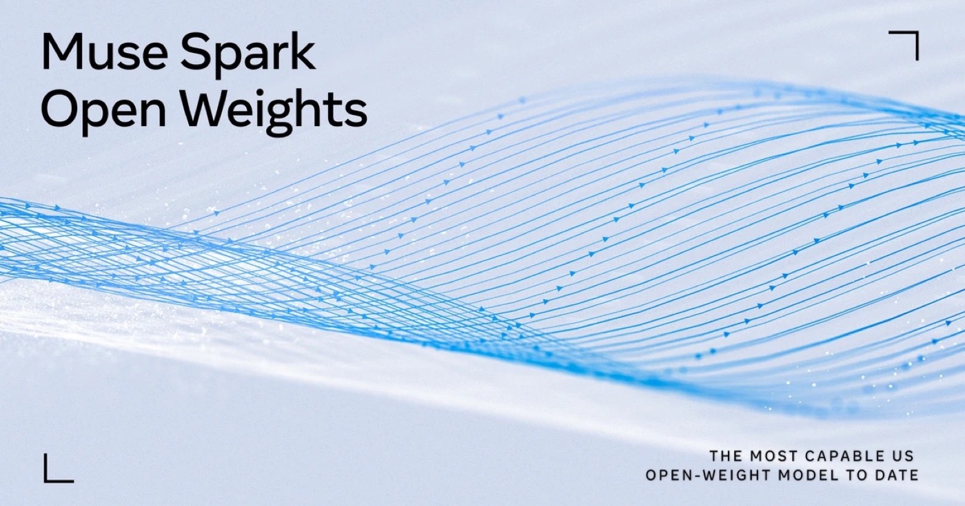 Meta's launch graphic: 'Muse Spark Open Weights' over flowing blue lines