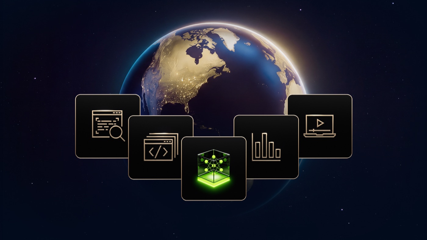 Five app icons arranged in front of a night-time view of Earth