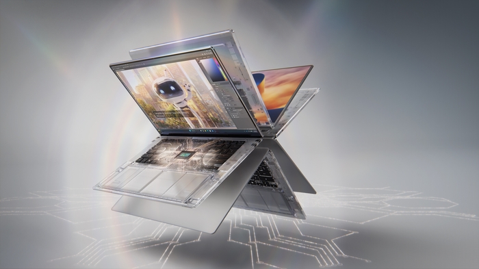 A laptop shown open at several angles, with its internals visible through a translucent shell