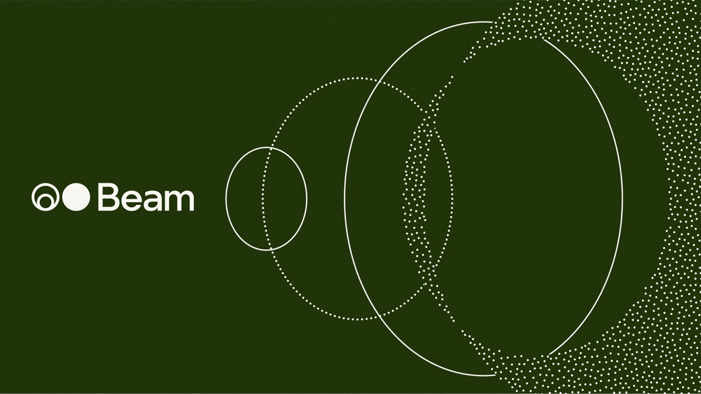 The Beam wordmark beside concentric dotted circles on dark green